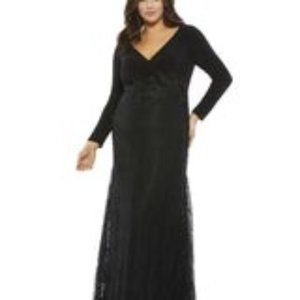 Mac Duggal Wrap-Over Long Sleeve Lace Applique Trumpet Gown Black